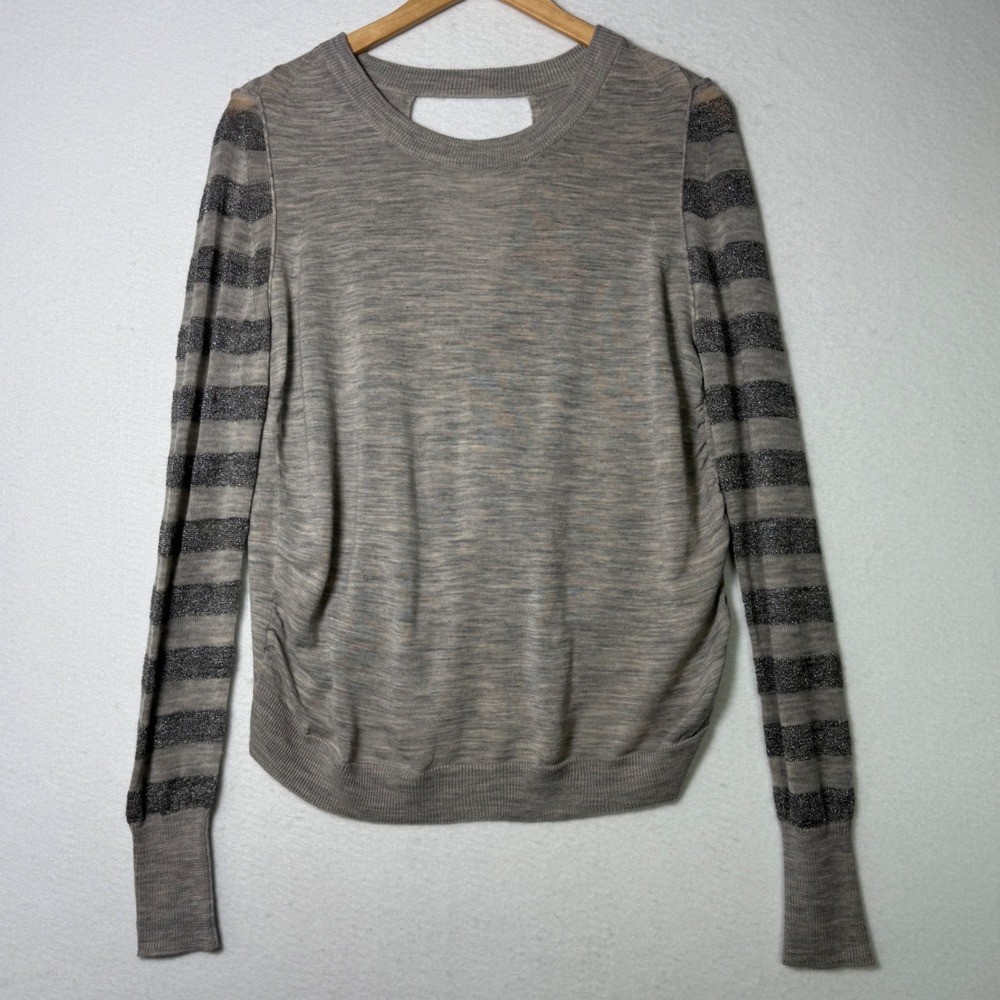 3.1 Phillip Lim Womens Sweater‎ Gray Striped Sleeve Size L Open Back Soft Wool